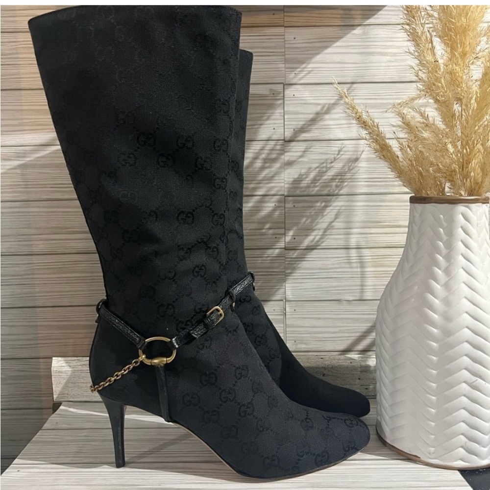Gucci GG Monogram Black Horsebit Boots